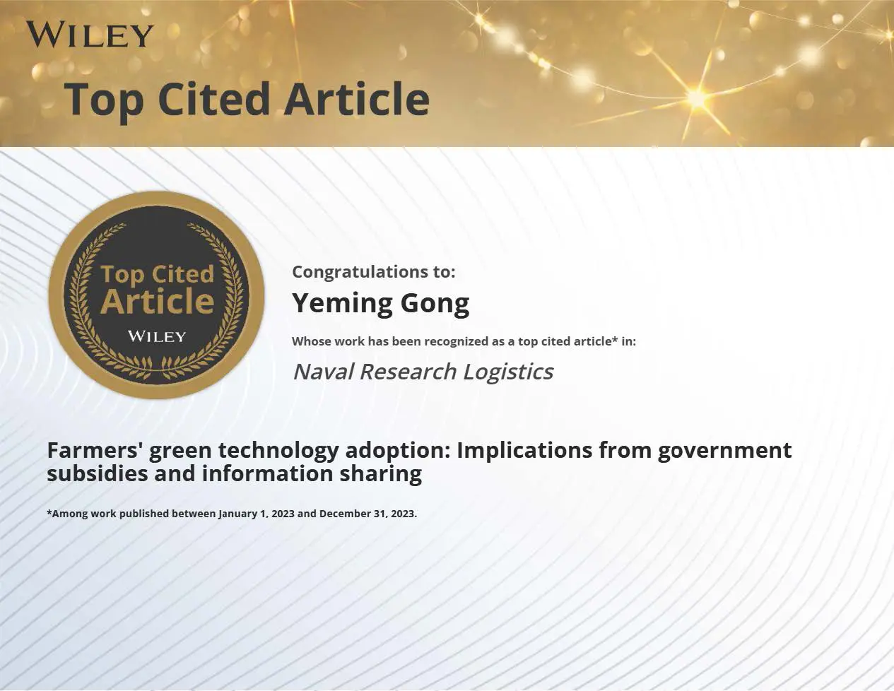 Top Cited Article Award from Wiley publications Top Cited Article Award from Wiley publications