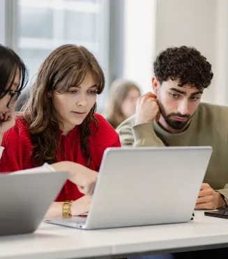Étudiants collaborant sur des ordinateurs portables pendant un cours dans une école de commerce. Afficher plus de lignes