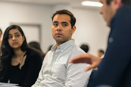 Un groupe de personnes attentives lors d'une discussion interactive, avec une personne au centre portant une chemise à rayures, écoutant attentivement.