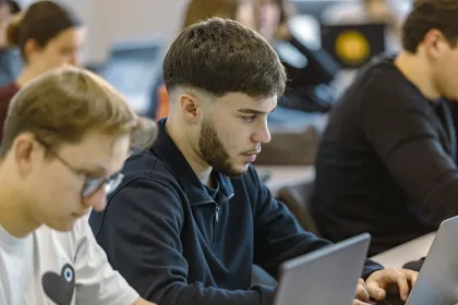 Students from the emlyon business school MSc program working on laptops during a class session.
