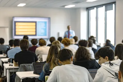 People are seated at tables in a lecture hall, some using laptops, while a presentation is projected onto a screen at the front of the room.