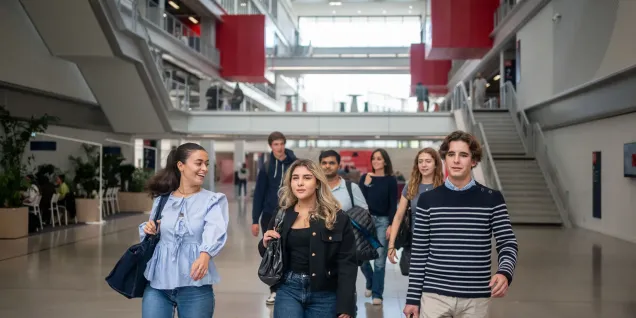Des étudiants et étudiantes dans le campus d'emlyon business school de Lyon
