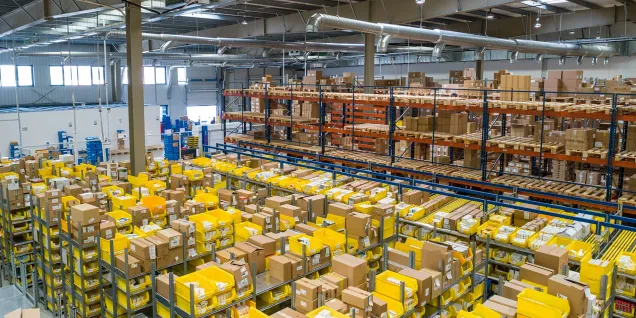 Logistics warehouse with industrial shelving filled with packages and yellow storage bins in a distribution center.
