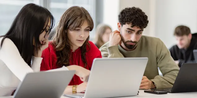 Étudiants en école de commerce travaillant en groupe sur ordinateurs portables en salle de cours.