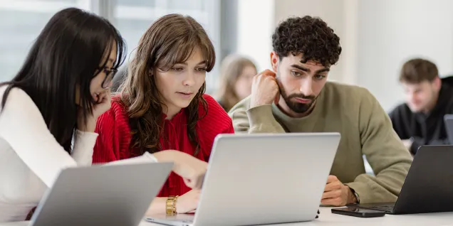 Étudiants collaborant sur des ordinateurs portables pendant un cours dans une école de commerce. Afficher plus de lignes