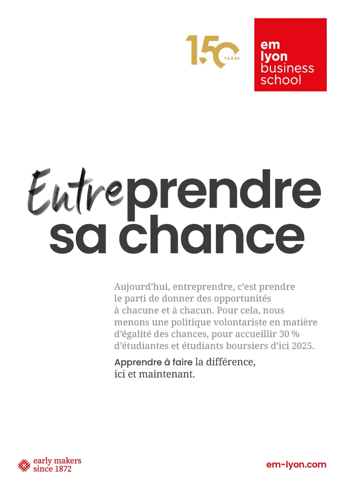 Affiche avec le logo emlyon business school et le texte « Entreprendre sa chance », accompagnée d’un court paragraphe explicatif et d’un fond clair.