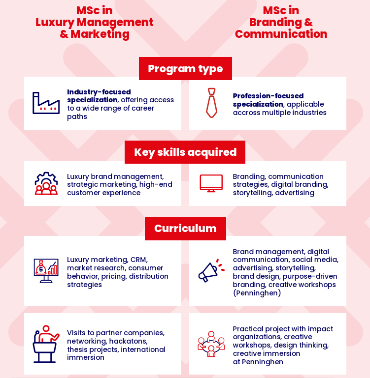 Infographie comparant le MSc in Luxury Management & Marketing et le MSc in Branding & Communication selon le type de programme, les compétences acquises et le contenu du cursus.