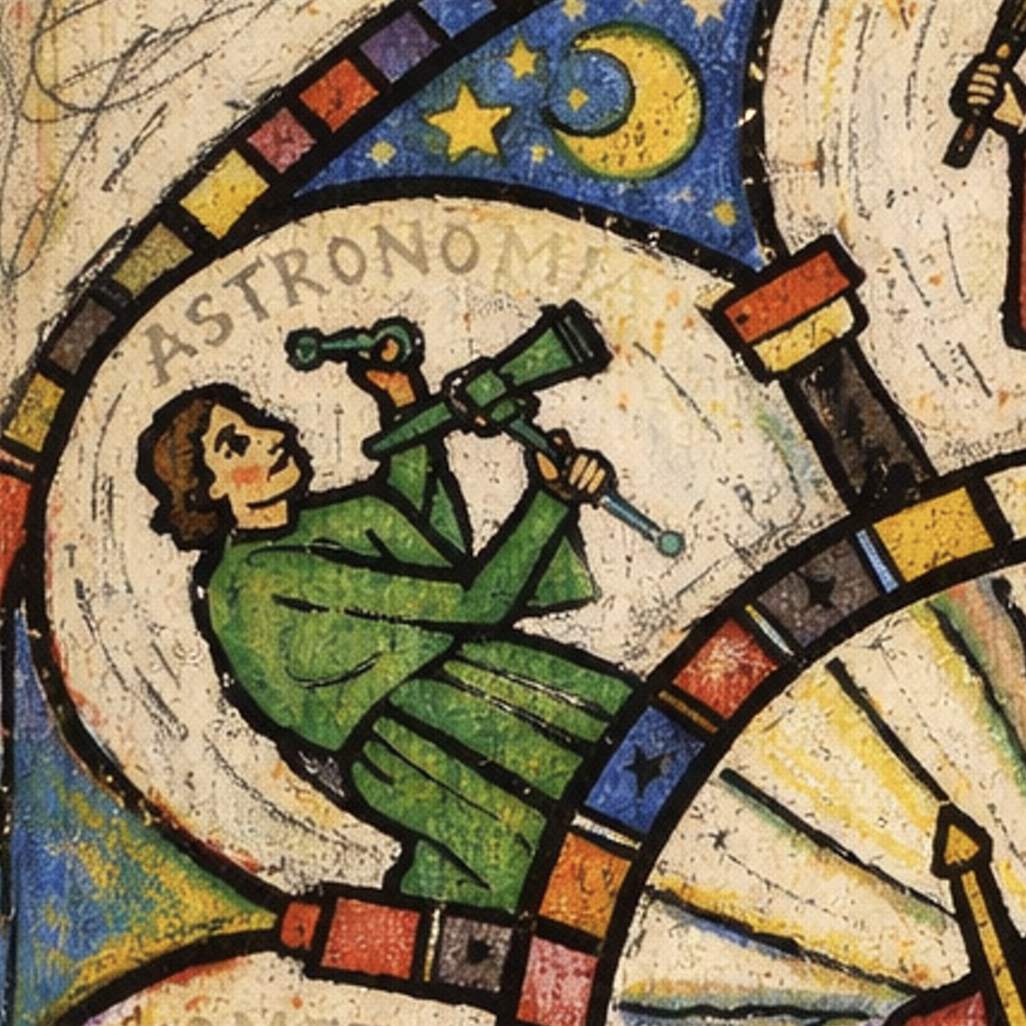 Illustration de style médiéval représentant une personne observant le ciel à l’aide d’un instrument astronomique. La scène est intégrée dans un cercle décoratif aux couleurs vives, avec des étoiles, une lune et le mot « ASTRONOMIE » inscrit au-dessus. En dessous apparaît partiellement le mot « GÉOMÉTRIE ». L’ensemble évoque les arts et sciences du Moyen Âge.