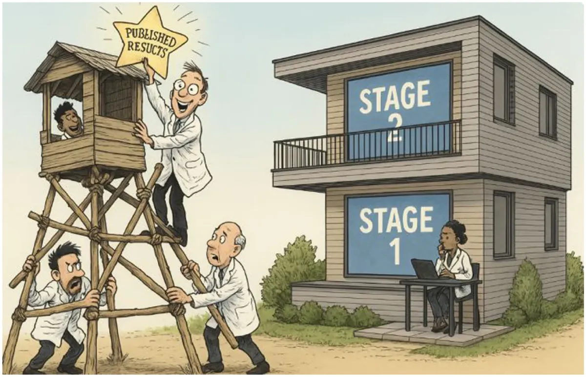  Cartoon illustration contrasting traditional and modern research practices: researchers build a fragile wooden tower labeled “Published Results,” while a separate building labeled “Stage 1” and “Stage 2” shows a structured, transparent research process with a person working on a laptop.
