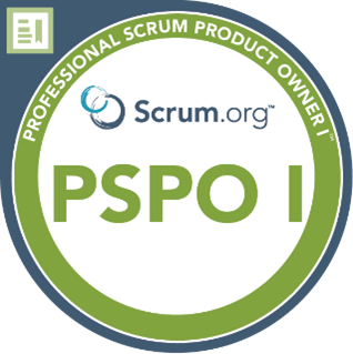Badge circulaire avec le logo Scrum.org et le texte « Professional Scrum Product Owner I – PSPO I », en vert et gris sur fond blanc.