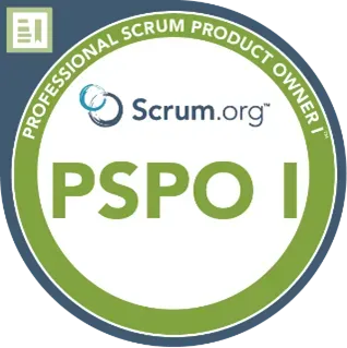 A circular badge featuring the Scrum.org logo and the text “Professional Scrum Product Owner I – PSPO I” in green and gray on a white background.