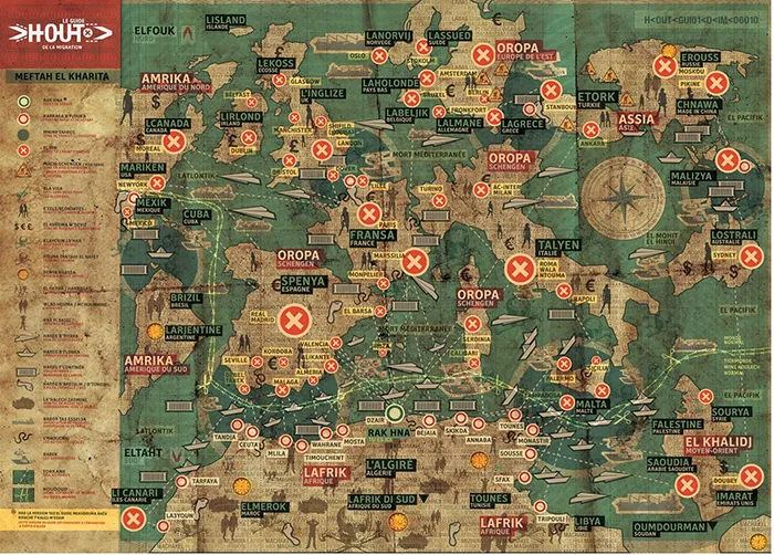 Carte illustrée des routes migratoires mondiales montrant l’Europe, l’Afrique et d’autres régions avec flèches de circulation et symboles de frontières.