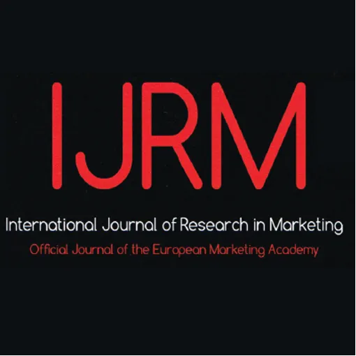 International Journal of Research in Marketing (IJRM) logo with red and white text on a black background, official journal of the European Marketing Academy.