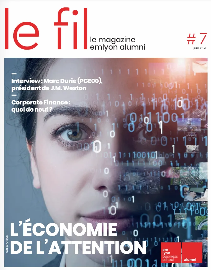 Couverture du magazine Le Fil Alumni d'emlyon business school, édition juin 2026, consacrée à l'économie de l'attention et à la transformation numérique.