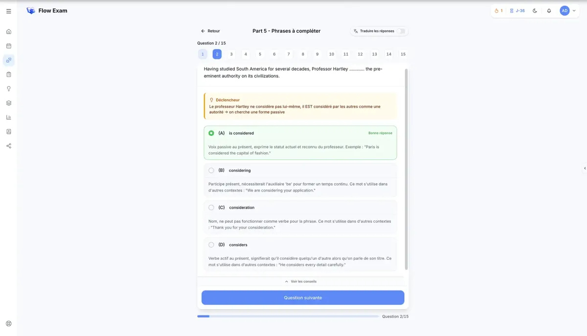 Flow Exam correction interface highlighting the correct answer to a TOEIC question with learning and grammar explanations. 
