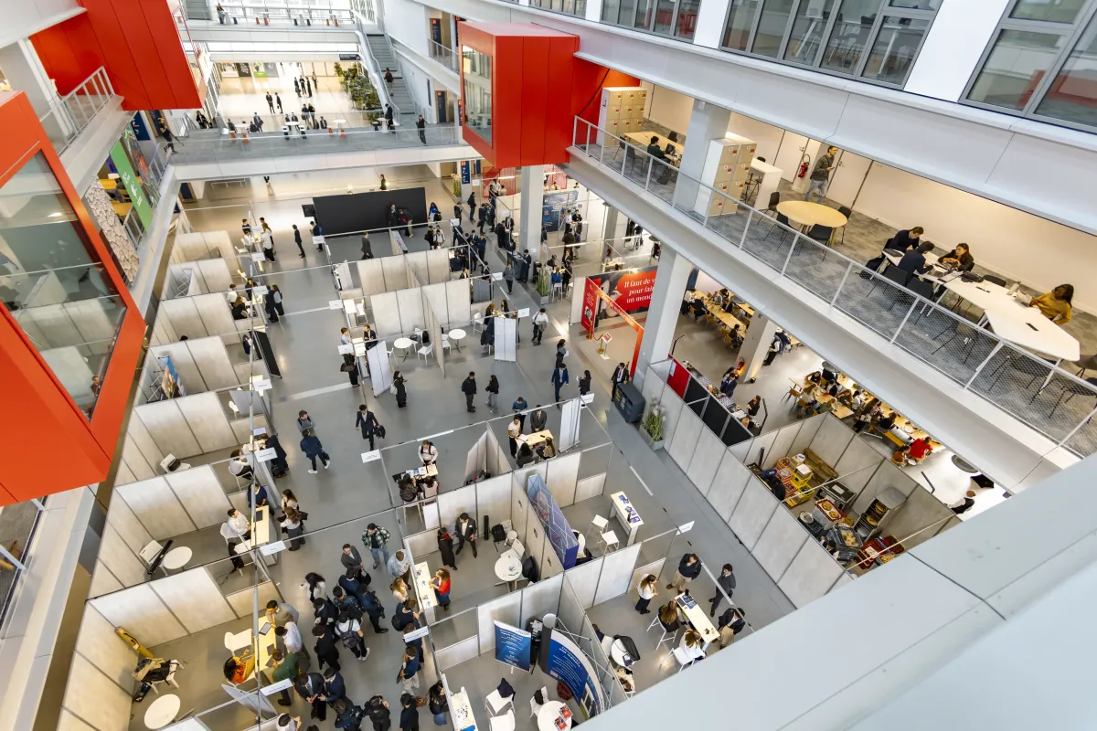 Overview of the Finance & Consulting Forum stands at emlyon business school.