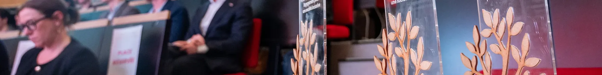 Awards displayed on a table during a ceremony in a lecture hall filled with attendees.