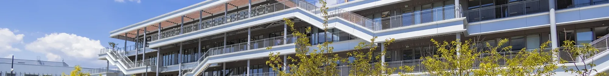 Vue du campus emlyon business school à Lyon, montrant un bâtiment moderne à plusieurs niveaux avec terrasses et passerelles extérieures, entouré d’arbres et d’espaces paysagers. Au premier plan, quelques personnes sont assises sur une esplanade en plein soleil.