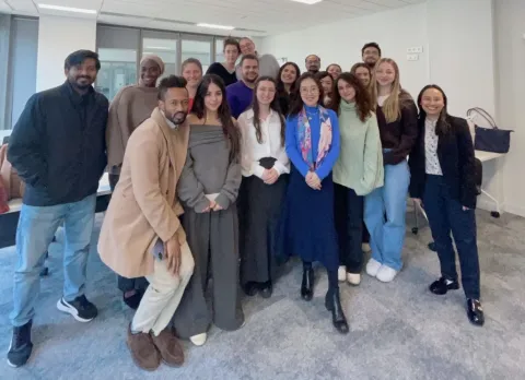 Group of students from the MSc in Healthcare Innovation & Data Science gathered on the emlyon campus for a cohort photo.