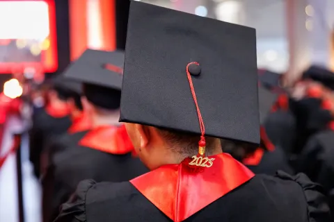 Graduation cap worn by an emlyon graduate during a commencement ceremony, with other graduates visible in the background.