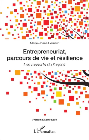 Couverture du livre « Entrepreneuriat, parcours de vie et résilience », avec des motifs de carrés colorés en rouge, orange et jaune sur fond blanc.