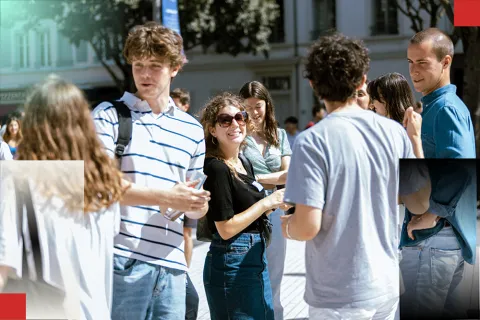 Students gathered outdoors on campus during an activity that promotes inclusion, interaction and community engagement. 