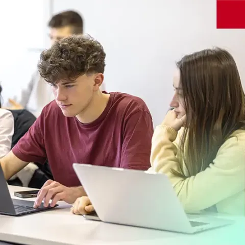 emlyon tech school students collaborating on a digital project in a classroom using laptop computers.