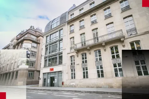 Façade du campus emlyon à Paris, bâtiment contemporain intégré à une architecture haussmannienne, avec grandes baies vitrées donnant sur la rue.